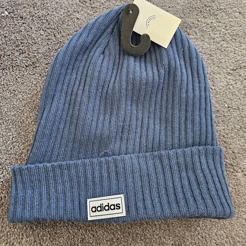 NWT adidas 4" Cuff Fold Ribbed Blue beanie